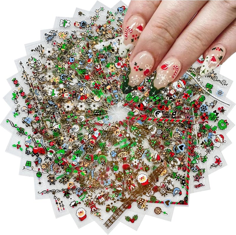 SPLOCUDU 24 Sheets Christmas Nail Art Stickers Gold Snowflake Nail Decals 3D Self- Adhesive Pegatinas Uñas Snowman Elk Christmas Trees Nails Nail Supplies Nail Art Design Decoration Accessories for Women and G - Image 1